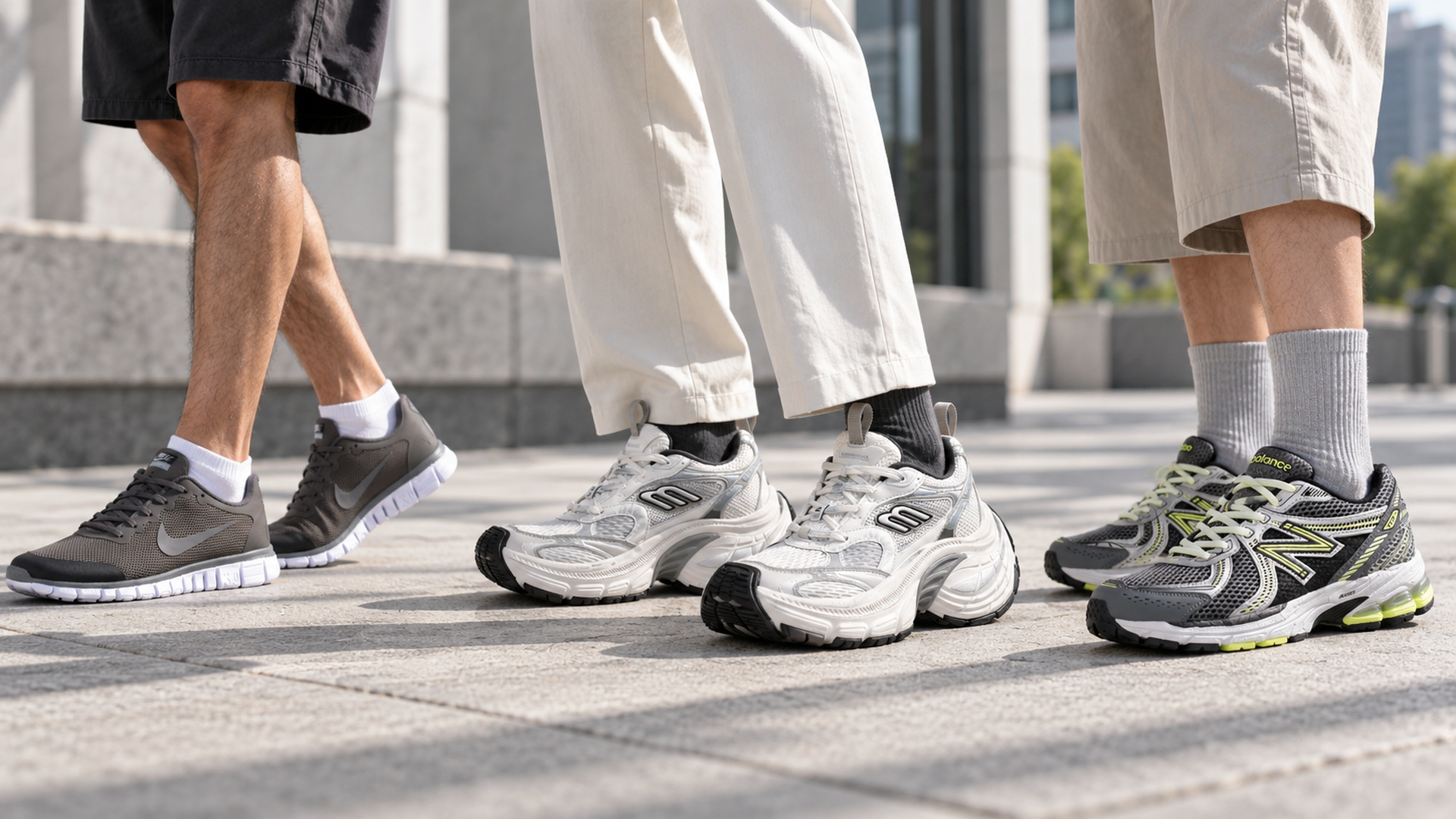 Три реальные серые летние модели Nike Free 3.0 V2, Balenciaga 10XL и New Balance 860v2 в летних образах