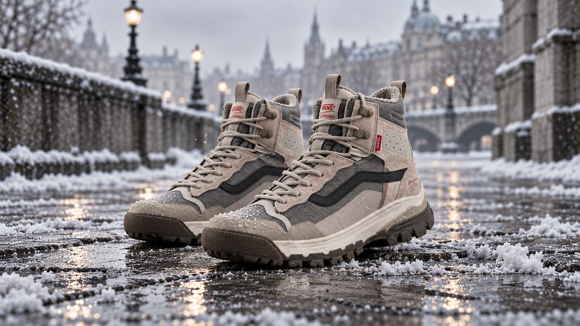 Vans UltraRange EXO MTE-3 Hi 46144 в бежево-сером colorway на зимней городской улице