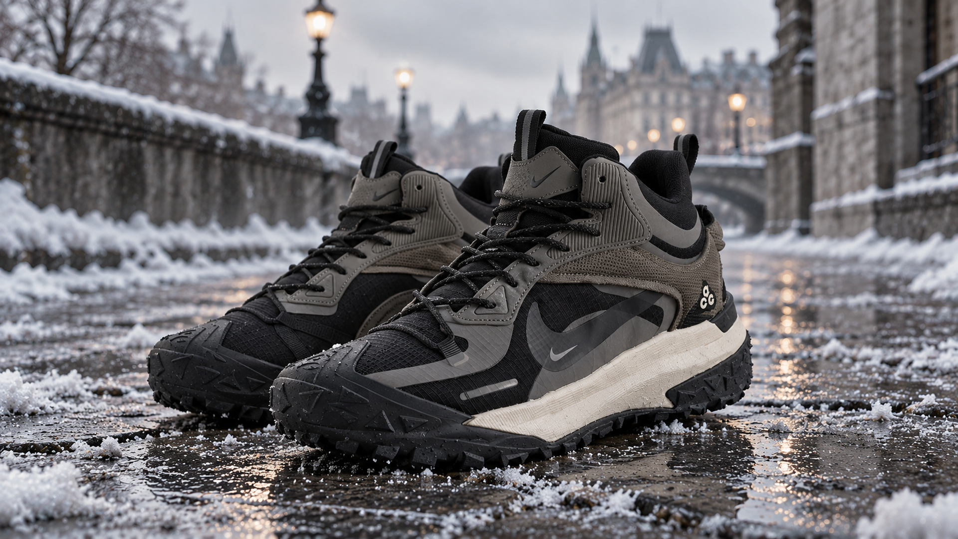 Nike ACG Mountain Fly 2 Mid 46134 в серо-чёрном colorway на мокрой зимней брусчатке