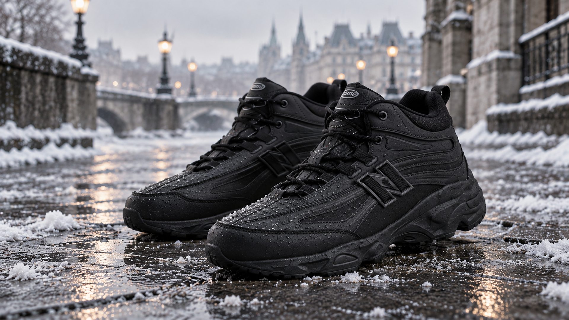 New Balance 740 Mid 46078 в чёрном зимнем исполнении на заснеженной городской улице